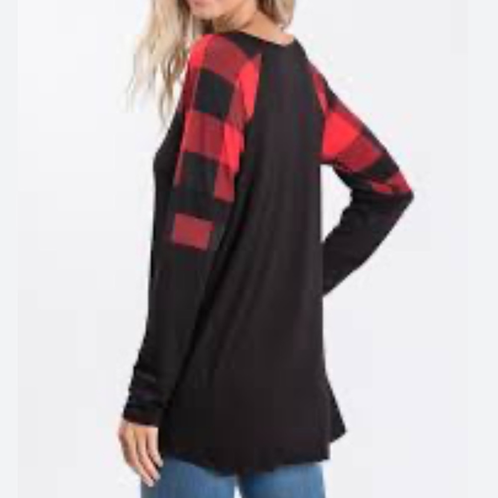 red/black plaid colorblock baseball tee sz M‎